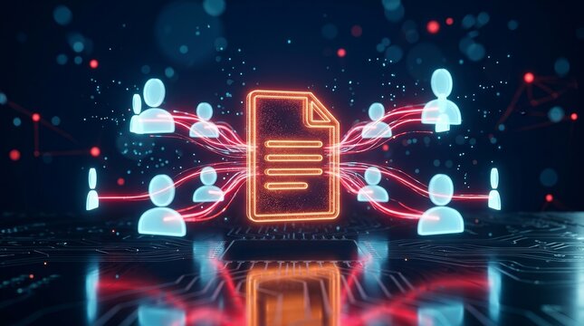 Digital data transfer concept with red lines linking user icons to a file.