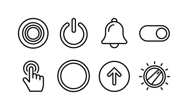 Push Button Controls, line icon set featuring push button, power button, doorbell, toggle switch, touchscreen tap symbol, emergency button, elevator button and control panel knob, covering button