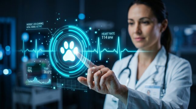 Futuristic animal care technology showing pet wellness data and health monitor.