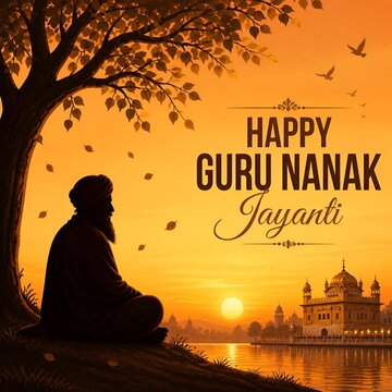 Silhouette of guru nanak dev ji under a tree on guru nanak jayanti