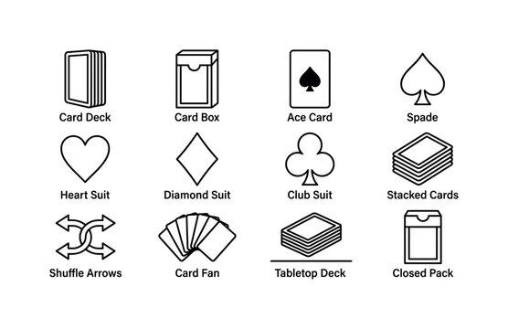 Playing Card Collection, line icon set featuring card deck, card box, ace card, spade, heart suit, diamond suit, club suit, stacked cards, shuffle arrows, card fan, tabletop deck, and closed pack,