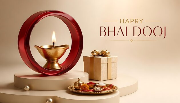 Happy bhai dooj greeting with traditional lit oil lamp and gift box festival greeting