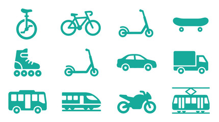 Set of twelve teal flat vector icons representing various modes of transportation and urban mobility including unicycle, bicycle, scooter, skateboard, car, truck, bus, and train. © HECO