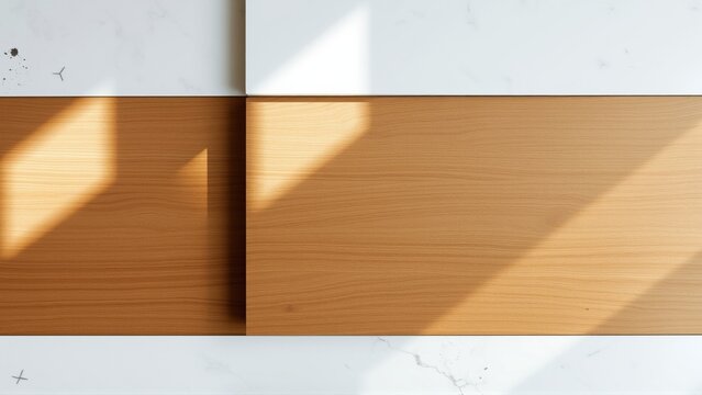 Minimalist composition. Light, shadow play on wood, marble surfaces. Clean lines, geometric patterns, modern aesthetic. Simple, elegant design.