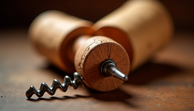 Wooden corkscrew with spiral design resting on table, showcasing craftsmanship and elegant design. Corkscrew made of wood with a metal screw for opening wine bottles.