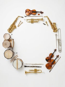 Circular Frame of Various Musical Instruments Including Saxophone, Trumpet, Violin, and Drums on White Background