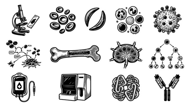 Medical Hematology  Immunology Vector Icons Set. Blood Cells, Organs, Lab Equipment. Black White Line Art Collection.