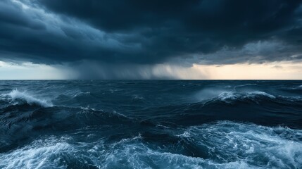 Fototapeta premium Dramatic storm over the ocean: dark clouds, rain curtain, and foaming waves in a moody seascape