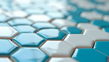 Obraz premium Modern hexagon tile pattern in varying shades of blue and white showcasing glossy surface texture. This hexagon tile design creates a contemporary visual impact perfect for interior design.