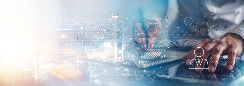 Global Human Resources and Digital Business Network Concept with Hands Working on Laptop.