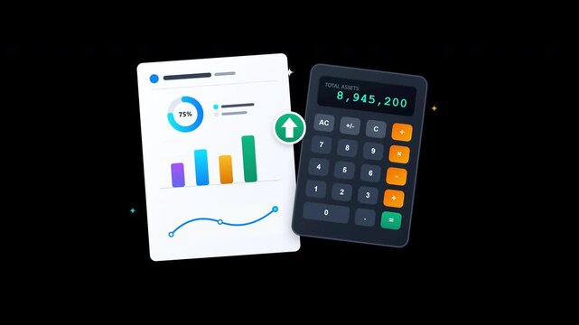 calculator and business growth data report animation on transparent background with alpha channel