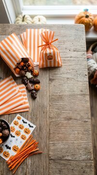 Rustic Halloween Party Preparation with Spooky Chocolate Treats and Festive Striped Gift Bags on a Weathered Wooden Tabletop Surface