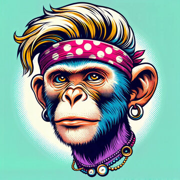 A vibrant illustrated chimpanzee with colorful hair, a polka-dot headband, and beaded necklaces against a teal background. Podcast cover for creative personality or music artist