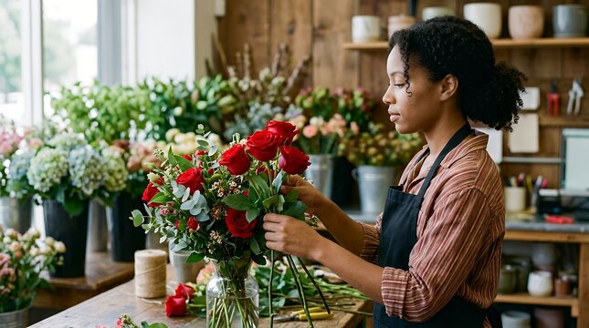 Florist arranging fresh red roses bouquet in boutique flower shop workspace with copy space