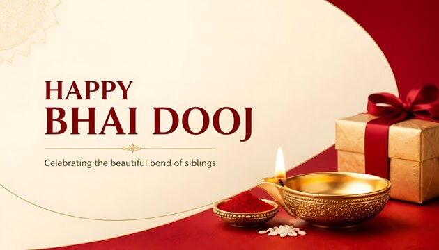 Happy bhai dooj festive background with golden oil lamp and gift festival greeting