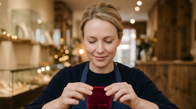 Professional jeweler securing satin ribbon on velvet ring box in cozy boutique setting with soft lighting