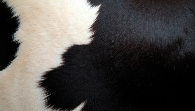 Close-up of black and white cowhide with distinct patterns and textures. This cowhide showcases unique markings and soft fur giving insights into animal characteristics.