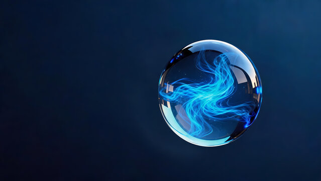 Abstract blue glowing sphere with fluid light effect on dark gradient background
