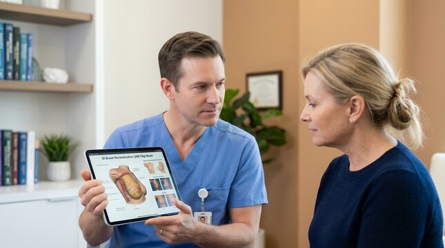 Plastic surgeon and patient reviewing 3D breast reconstruction model on tablet in consultation room