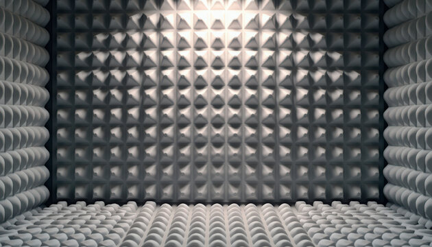 Acoustic treatment room with soundproof wall panels and textured flooring designed for sound absorption. Acoustic space features unique geometric shapes for noise reduction,