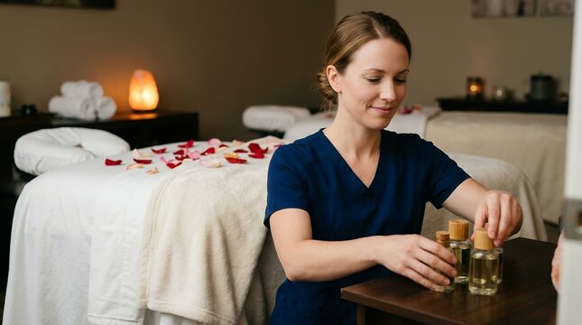 Massage therapist preparing essential oils in a tranquil spa treatment room