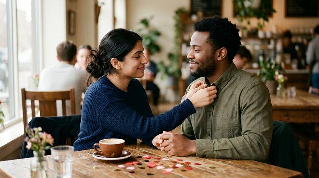 Multicultural couple sharing intimate moment over coffee in cozy caf&eacute; with heart confetti