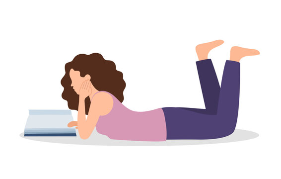 Young woman lying down reading book in flat design.