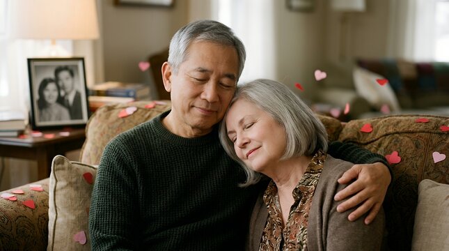 Senior couple embracing on a sofa with heart confetti and framed photo