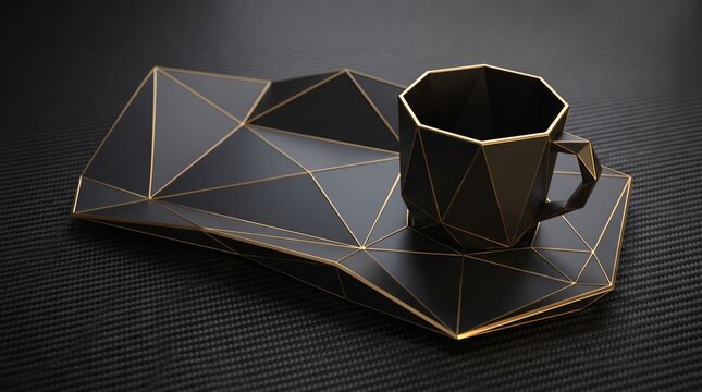 Black geometric cup and tray with gold lines on carbon fiber