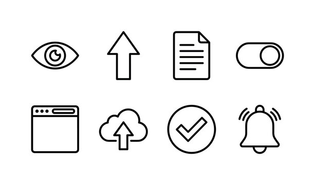 Content Visibility Controls, line icon set featuring eye symbol, publish arrow, document, visibility toggle, browser window, cloud upload, approval check, notification bell, covering publish content,