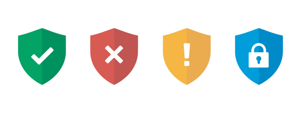 Colored shield icon set, security status symbols for approved protection, denied access, warning alert, disabled security, access control interface