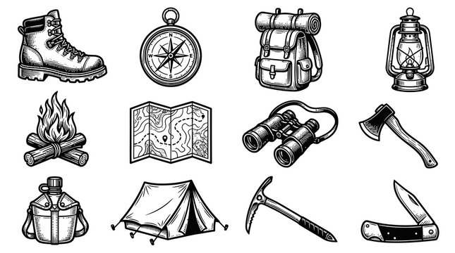 Vintage Black and White Engraving Style Outdoor Adventure Camping and Hiking Gear Line Art Icons Set