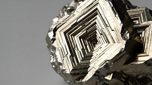 Macro shot of a shiny metallic cubic mineral crystal with geometric patterns