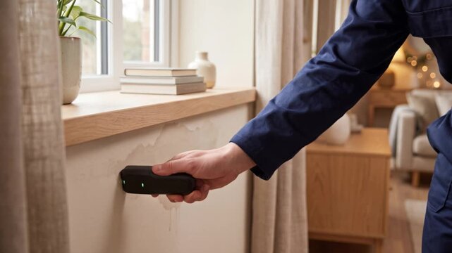 Professional inspector uses a pinless moisture detector to check water damage beneath a window in a modern home. Property inspection and hidden moisture detection concept.