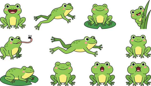 Adorable frog character collection showing amphibians leaping sleeping smiling and peeking behind grass isolated on white background