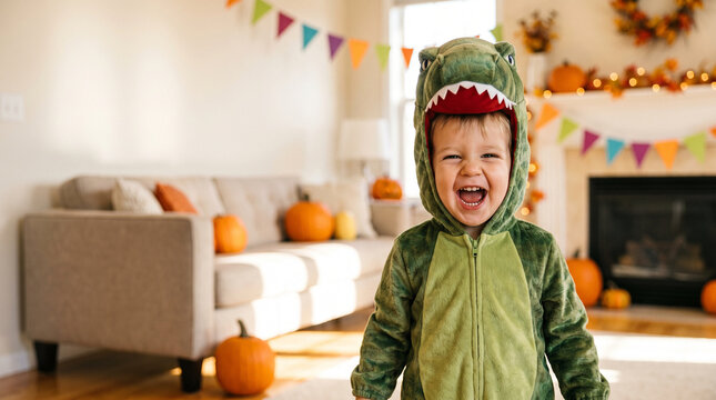 Joyful child in a dinosaur costume celebrating Halloween at home, surrounded by pumpkins and festive decorations, radiating happiness and playful spirit.