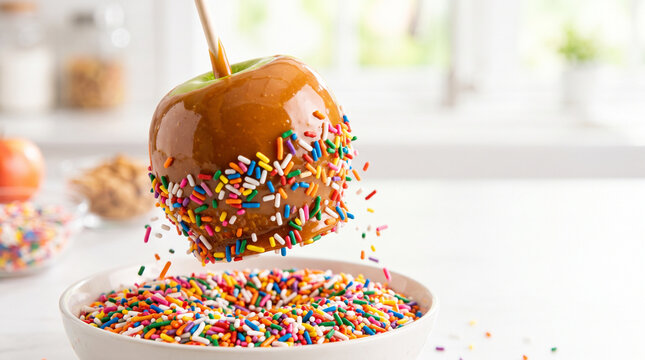 Caramel apple being dipped into a bowl of colorful sprinkles, showcasing a delightful treat preparation in a bright kitchen setting.