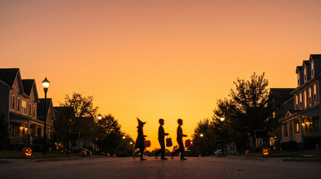 Silhouetted Children in Costumes Trick-or-Treating on a Suburban Street at Dusk with Halloween Decorations Under a Vibrant Orange Sky