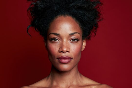 Editorial style portrait of a confident African American woman posed before a deep red backdrop