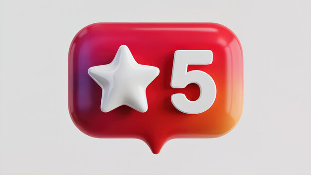 Five star customer review badge in glossy red speech bubble on white background