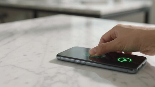 Hand interacting with a smartphone on a white counter, showing a green icon on the screen.