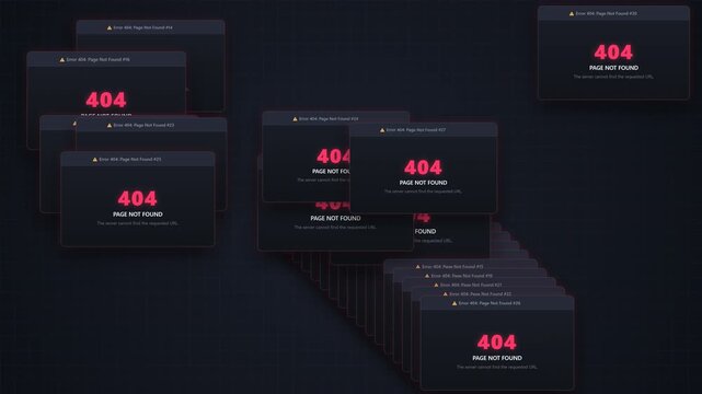 stack of 404 error web browser windows multiplying and layering on a dark background for website failure and broken links virus