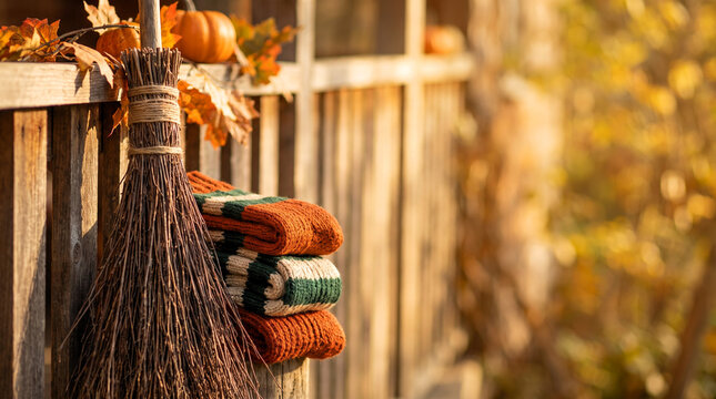Rustic autumn decor featuring a broom and colorful woven throws hanging on a wooden fence amidst a backdrop of golden leaves and pumpkins, evoking a cozy seasonal atmosphere.