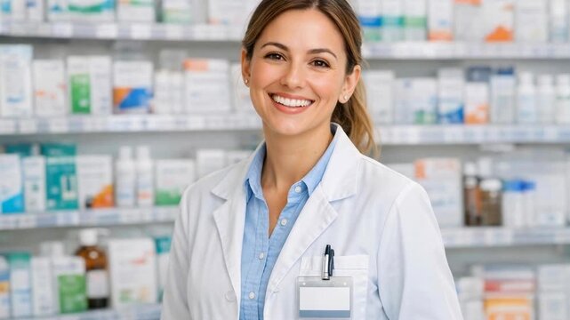 Smiling female pharmacist in white coat in a pharmacy