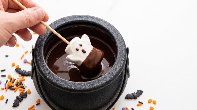 Hand Dipping a Ghost-Shaped Marshmallow into a Chocolate Fondue Pot Surrounded by Festive Halloween Sprinkles and Decorations for a Spooky Treat Experience
