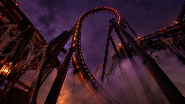 Spooky amusement park night roller coaster loop orange lights low angle purple dramatic sky spider webs fog Halloween haunted theme park dark moody