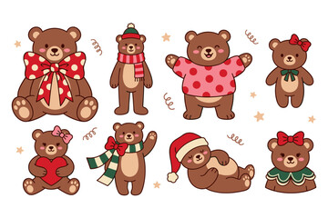 Fototapeta premium Adorable cartoon teddy bears in festive Christmas winter attire, holding a heart, waving, and relaxing