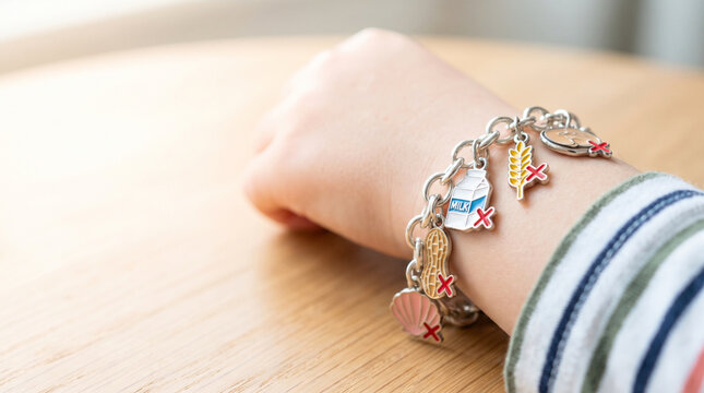 Charming silver bracelet adorned with playful charms, resting on a child's wrist, showcasing a whimsical theme of fun and creativity in a cozy indoor setting, allergy concept