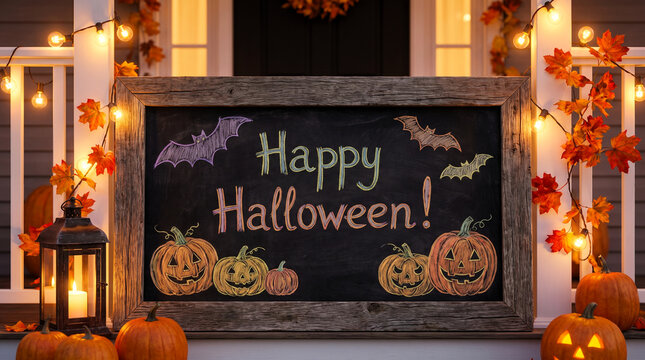Festive Halloween Scene with Chalkboard Greeting Surrounded by Pumpkins, Autumn Leaves, and Lanterns Evoking a Spooky Yet Cheerful Atmosphere