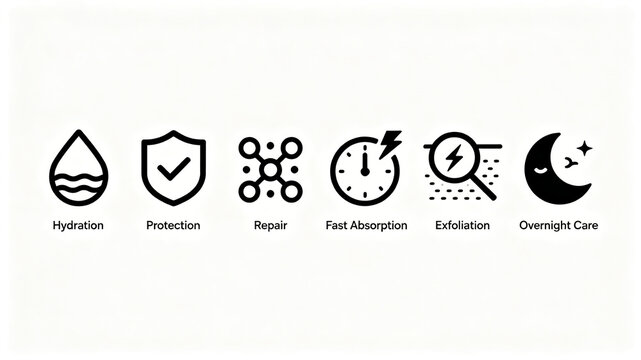 Single color contour skincare function icon, representing moisturizing, protective, repairing, fast penetrating, exfoliating night care, suitable for beauty e-commerce main images.
